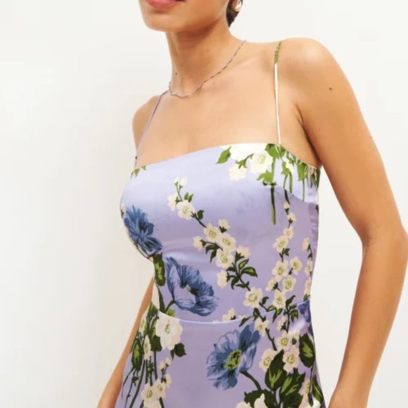 Reformation Frankie Silk Dress in Garden Soiree Purple White Floral Maxi - Picture 6 of 7